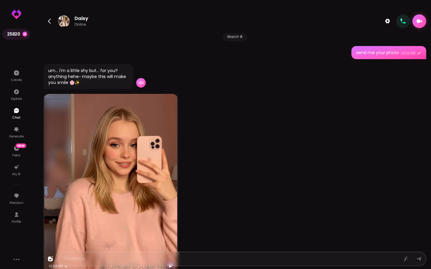 Long GoLove.ai desktop chat thread with several in-chat photos sent by the character