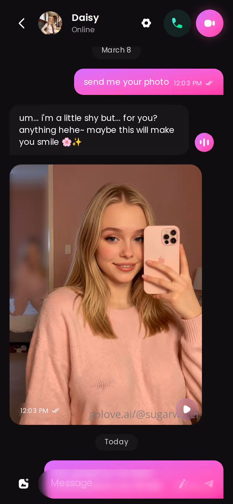Full GoLove.ai chat thread on mobile showing photos arriving inline during the conversation