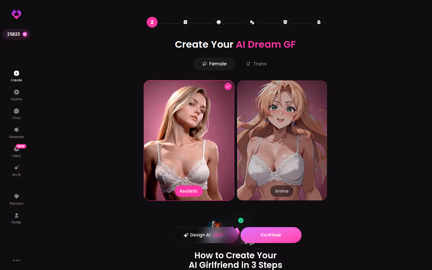 GoLove.ai Create wizard start screen with Female/Trans toggle and Realistic or Anime style options