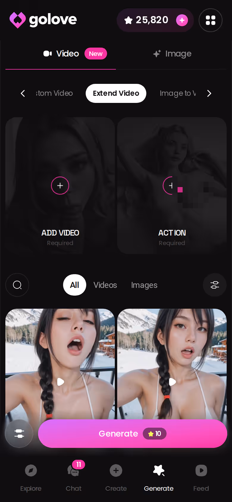 GoLove.ai mobile Extend Video option, a newer feature still rolling out