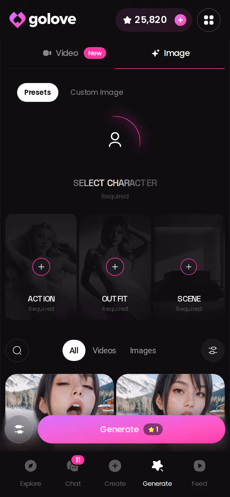 GoLove.ai mobile image generator showing the pose, outfit and background presets a paid tier opens up